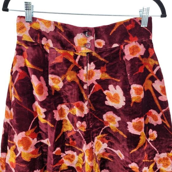 Vintage 70's Pants Bell Bottoms High Rise Wide Leg Flare Velvet Floral Wine S - Picture 6 of 11